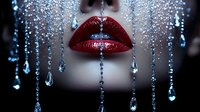 Glamorous red glossy lips with sparkling crystal droplets and diamond-like decorations creating luxury makeup art for fashion and beauty concepts.