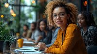 Young African American woman with curly hair and glasses smiling at casual business meeting, wearing mustard yellow sweater, taking notes while collaborating with diverse team.
