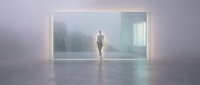 Silhouette of a person standing in a minimalist corridor with glowing neon frames and misty atmosphere, suitable for futuristic and modern design projects.