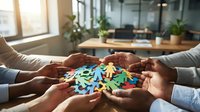 Diverse team of professionals holding colorful paper people cutouts together, symbolizing unity, collaboration, community support, and inclusive teamwork in modern office environment.