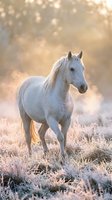 White horse standing in frost-covered field at sunrise, with warm golden light and bokeh background. Suitable for equestrian, nature, and wellness projects.