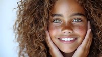 Young mixed race woman with curly hair and freckles smiling while holding face in hands against light background, expressing joy and natural beauty in lifestyle portrait.