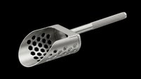 Stainless steel scoop with perforated bowl and gray handle, isolated on transparent background. Ready for kitchen product design, clipart, print-on-demand, and sublimation projects.