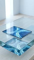 Modern tablet displaying blue digital data streams on glass table in minimalist office interior for technology presentations and business concepts.