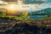 Young seedling sprouting from soil with wind turbines and solar panels in background at sunset, symbolizing renewable energy and sustainable environmental growth.