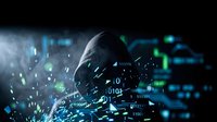 Hooded hacker in dark environment surrounded by glowing digital code and binary data streams representing cybersecurity threats and online privacy concerns.