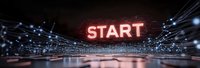 Glowing red start sign with futuristic light trails and reflective surface creating dynamic technology background for business and motivation concepts.