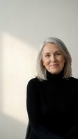 Confident mature Caucasian woman with silver gray hair wearing black turtleneck sweater smiling warmly in natural light for lifestyle and wellness concepts.