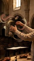 Elderly male conductor's hands directing orchestra in historic concert hall with magical swirling music notes and shapes floating in warm light.