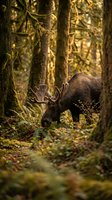 Majestic bull moose with large antlers foraging in dense autumn forest among moss-covered trees and ferns in natural woodland habitat.
