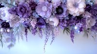 Romantic floral arch decoration with purple and pink paper flowers, hanging wisteria blooms creates dreamy wedding atmosphere on white background.