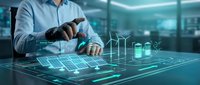 Male engineer interacts with futuristic holographic display showing solar panels, wind turbines, and battery storage for renewable energy management.
