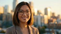 Professional Asian businesswoman with glasses smiling confidently against urban city skyline at golden hour for corporate headshot and career success.