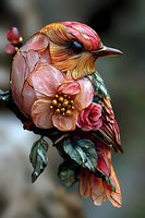 Enchanting bird sculpture crafted from delicate flower petals and natural elements in pink, orange, and green hues, perched on a leafy branch. Artistic nature-inspired decor.