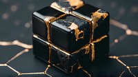 Black glossy cube with golden cracks on geometric pattern background, luxury kintsugi style art concept for modern interior design and decoration.