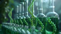 Glowing green DNA helix strands floating among laboratory glass containers and test tubes in dark scientific research environment with bokeh effects.