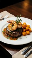Surf and turf surf and turf dish featuring seared shrimp atop grilled steak with roasted sweet potato cubes, fresh rosemary garnish, and herb sauce for fine dining restaurants and upscale cuisine menus.