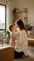 Loving mother holding toddler child in bright modern kitchen with natural sunlight streaming through window creating warm family bonding moment at home.