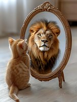 Ginger cat looking in ornate mirror sees reflection as majestic lion, representing inner strength and confidence. Surreal conceptual photography for self-improvement themes.