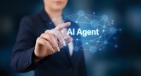 Business professional touching AI Agent holographic interface with connected network nodes representing artificial intelligence technology and automation.
