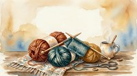 Colorful yarn balls with knitting needles and scissors on wooden surface, watercolor illustration for crafts, hobbies and creative projects.