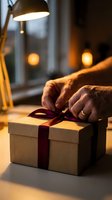 Mature man's hands tying burgundy ribbon on kraft gift box under warm desk lamp at evening, suitable for holiday, celebration, and gifting concepts.