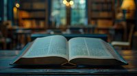 Open book with pages spread on wooden table in library interior with soft bokeh lights and bookshelves in background creating atmospheric study environment.