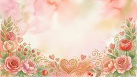 Watercolor floral border with pink roses, hearts, and ornamental swirls on soft cream background. Romantic design for wedding invitations, greeting cards, and decorative projects.