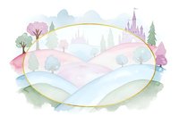 Watercolor fairy tale landscape with pastel hills, trees and castle in golden oval frame on white background for children book illustration and design.