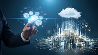 Businessman touching digital cloud computing network with data transfer technology and cybersecurity icons for modern business solutions.