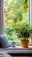 Cozy windowsill with houseplant in orange pot, white coffee mug and blue pillow against blurred green garden background with soft bokeh lights.