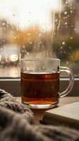 Steaming hot tea in glass mug on wooden windowsill during rainy day with cozy blanket creating warm autumn atmosphere for relaxation and comfort.