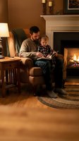 Father and young son reading book together in cozy living room by warm fireplace creating intimate family bonding moment at home.