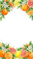 Watercolor citrus frame with oranges, lemons, grapefruit and white blossoms on clean background for fresh summer designs and healthy lifestyle content.