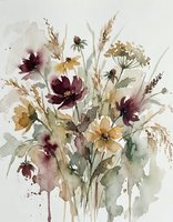 Watercolor wildflower bouquet with burgundy and golden blooms, grasses and herbs in loose artistic style on textured paper background.