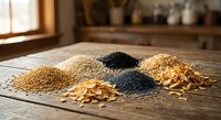 Assorted whole grains and seeds including quinoa, oats, chia and flax displayed on rustic wooden table in warm kitchen setting for healthy cooking.