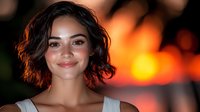 Young Hispanic woman with curly dark hair and radiant smile against blurred sunset background, wearing white top. Natural beauty portrait with warm evening lighting.