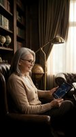 Senior woman with gray hair and glasses wearing beige cardigan, holding tablet in luxury home office with leather chair, brass lamp, bookshelves, and draped curtains. Business, technology, finance.