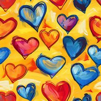 Vibrant seamless pattern with hand-drawn hearts in red, blue and orange brushstroke style on yellow background, perfect for Valentine's Day designs, fabric prints and romantic projects.