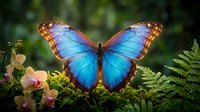 Vibrant blue morpho butterfly with iridescent wings perched on tropical ferns and pink flowers in lush rainforest garden setting for nature photography.