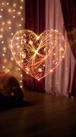 Glowing heart-shaped light trails with golden sparkles hanging in romantic bedroom interior with warm bokeh lights and curtains for love celebration.