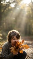 Young child with dark hair holding golden autumn oak leaves on a forest path with dappled sunlight filtering through trees, capturing seasonal joy and outdoor play.