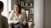 Middle-aged Caucasian female therapist counselor sitting in comfortable chair during therapy session with patient in modern office interior.