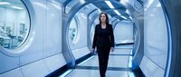 Woman in dark business suit walking through modern futuristic corridor with blue lighting and circular windows, suitable for corporate, technology, and business concepts.