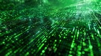 Abstract digital green matrix landscape with glowing particles and light streaks, representing technology, data visualization, and futuristic cyberspace.