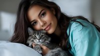 Young woman with long brown hair cuddling adorable gray tabby kitten in bed. Pet owner bonding with cute cat at home. Animal love and companionship concept.