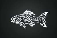 Decorative white fish silhouette with tribal ornamental pattern isolated on black background. Stylized aquatic creature design for creative projects.
