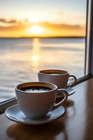 Two coffee cups on wooden table by window overlooking ocean sunset with golden light reflection on water creating peaceful morning atmosphere.