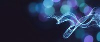 Abstract blue flowing light waves with colorful bokeh background for digital technology and futuristic design projects.
