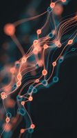 Glowing neural network with orange and teal nodes connected by flowing lines on dark background, representing AI, data flow, and digital connectivity.